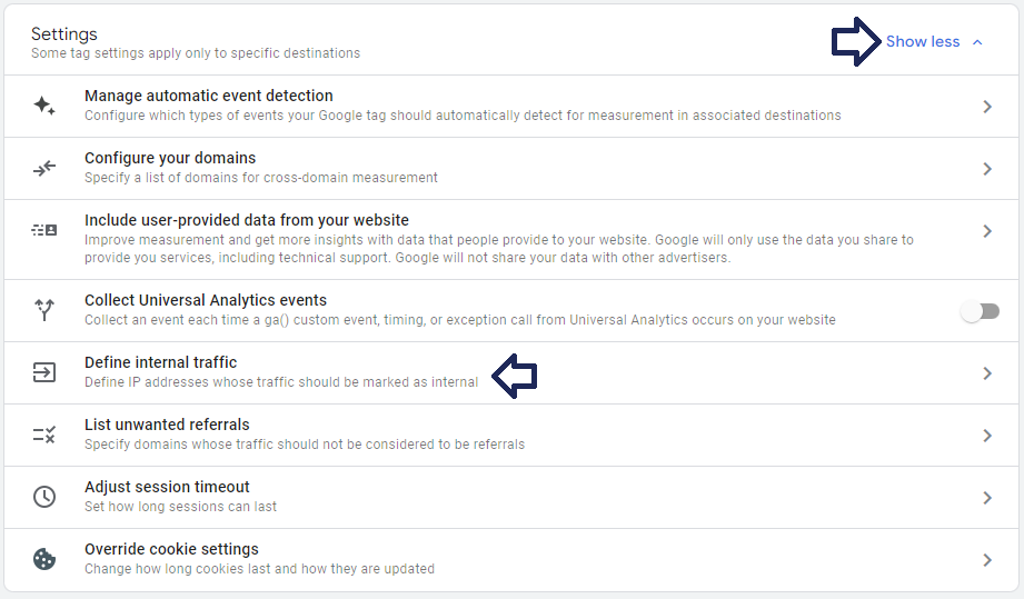 Google Analytics data stream tag settings for internal traffic