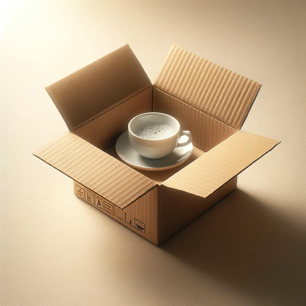 White teacup and saucer inside a brown cardboard box.