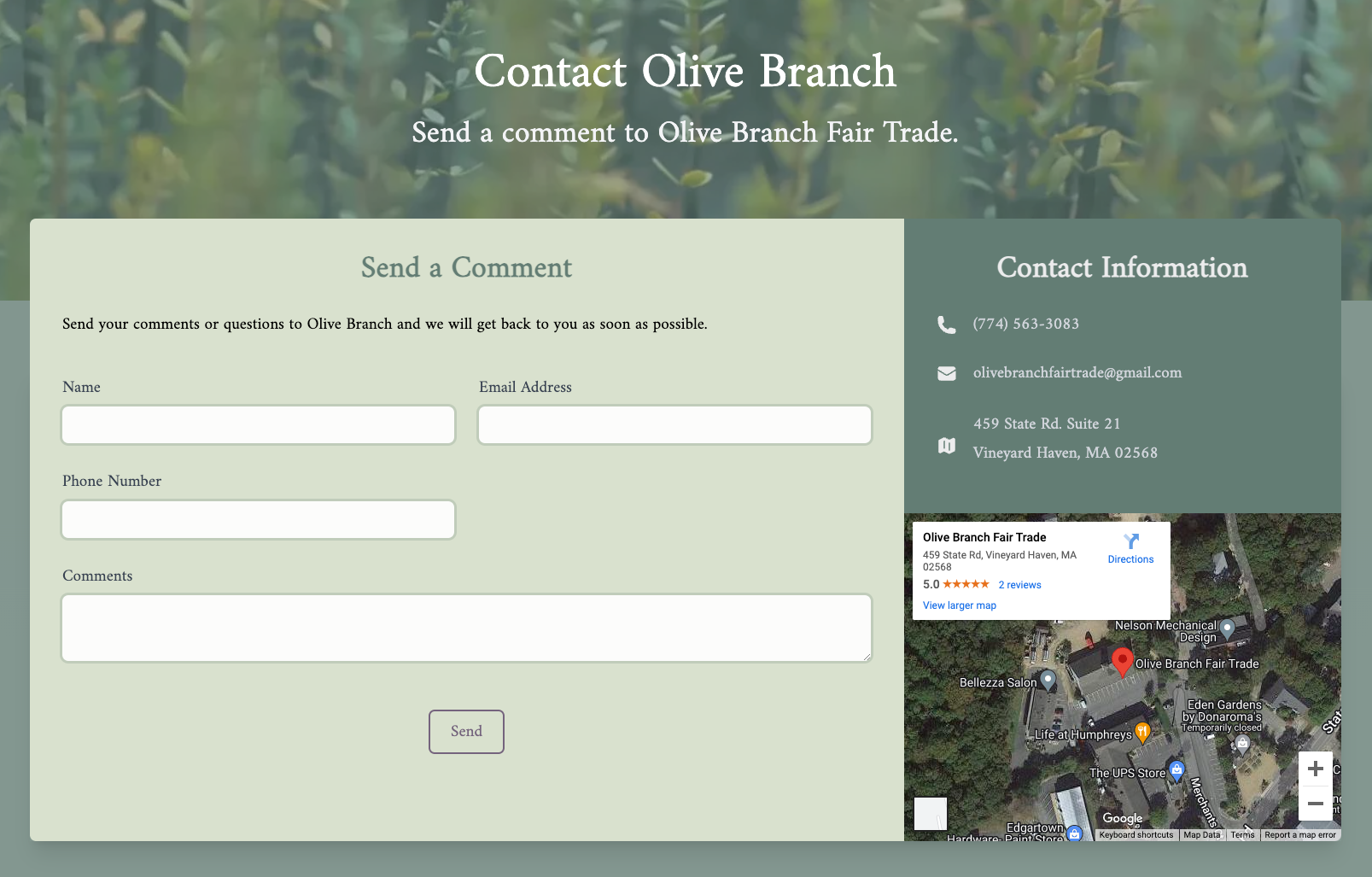 A beautifully designed contact page allows visitors to interact and helps them locate the shop